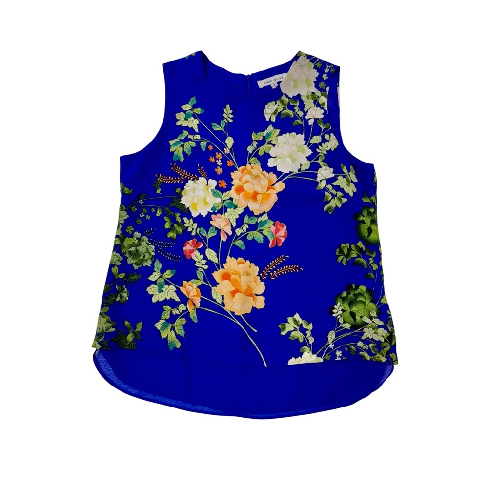 Rose + Olive Womens Small Floral Sleeveless Blouse Royal Blue High Low Hem Top
